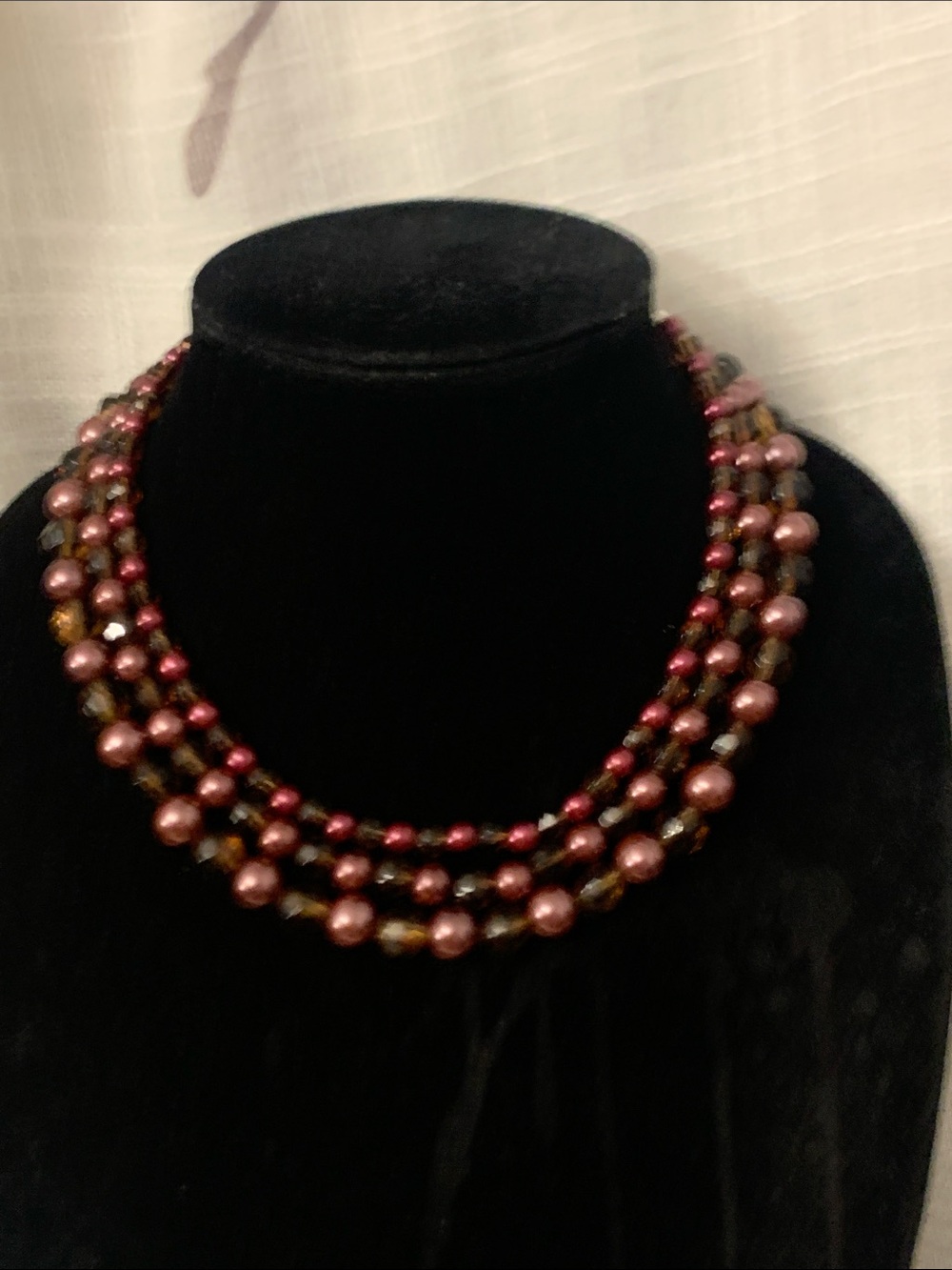 Premier Designs Three-Strand Rose and Amber Color Bead Necklace